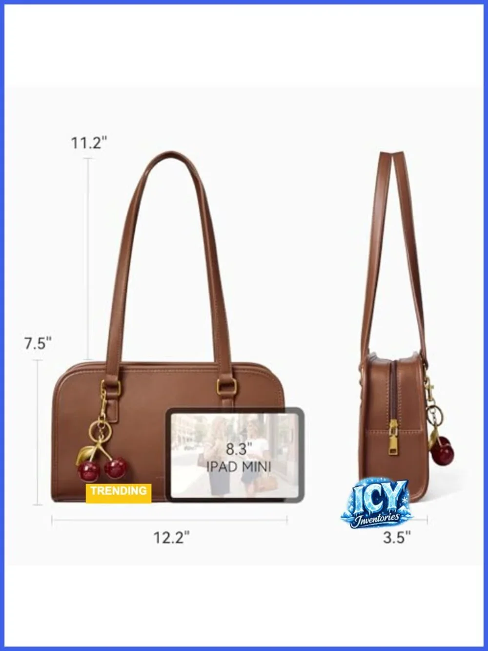 Vegan Leather Cherry Charm Shoulder Bag Gold Hardware Medium Structured Handbag